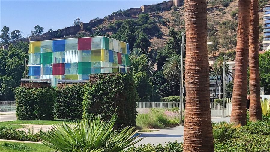 Pompidou Cube in Málaga next to the Alcazaba walls